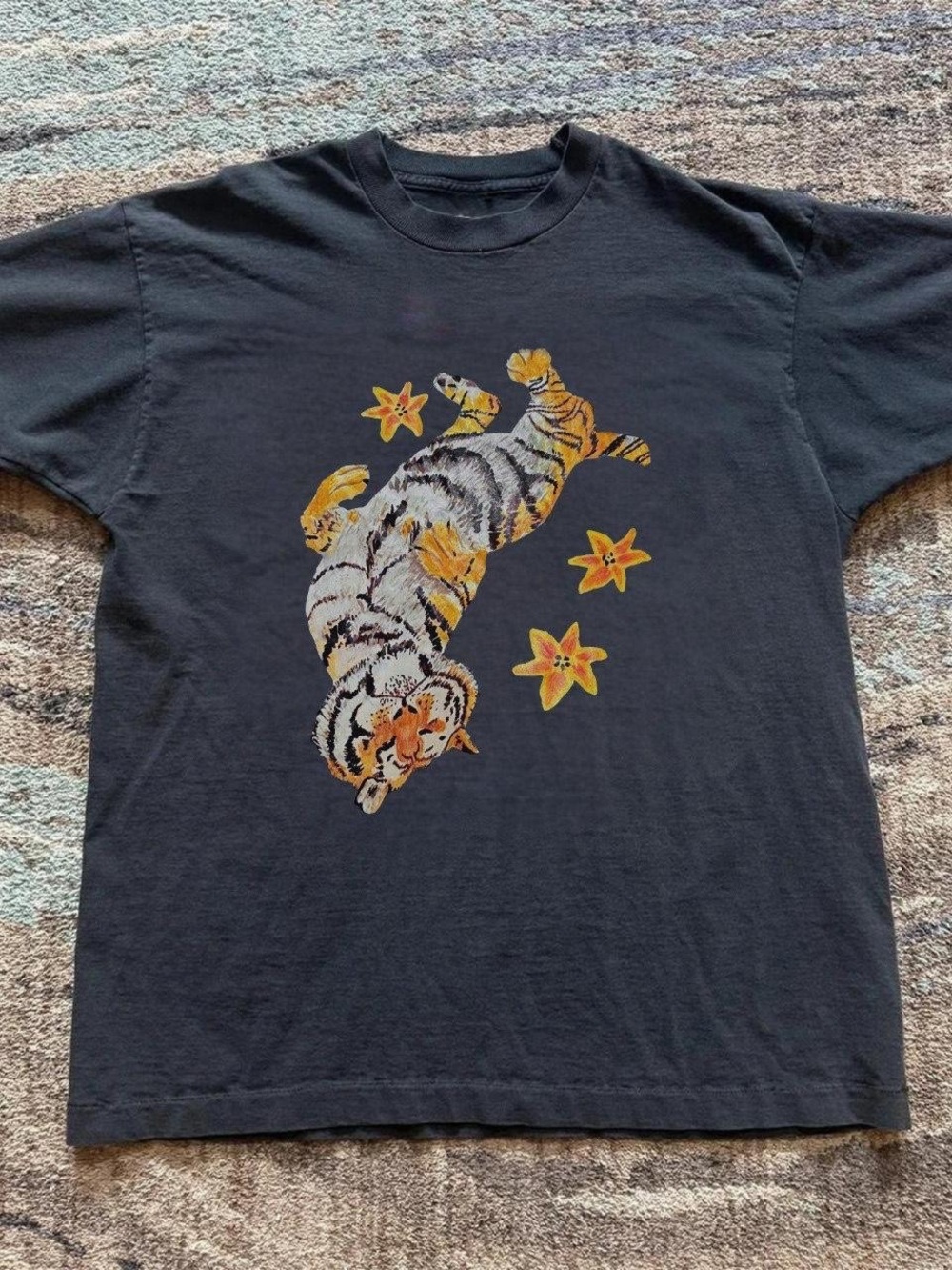 Gildan Black Short-Sleeve Tee with Tiger & Yellow Floral Graphic